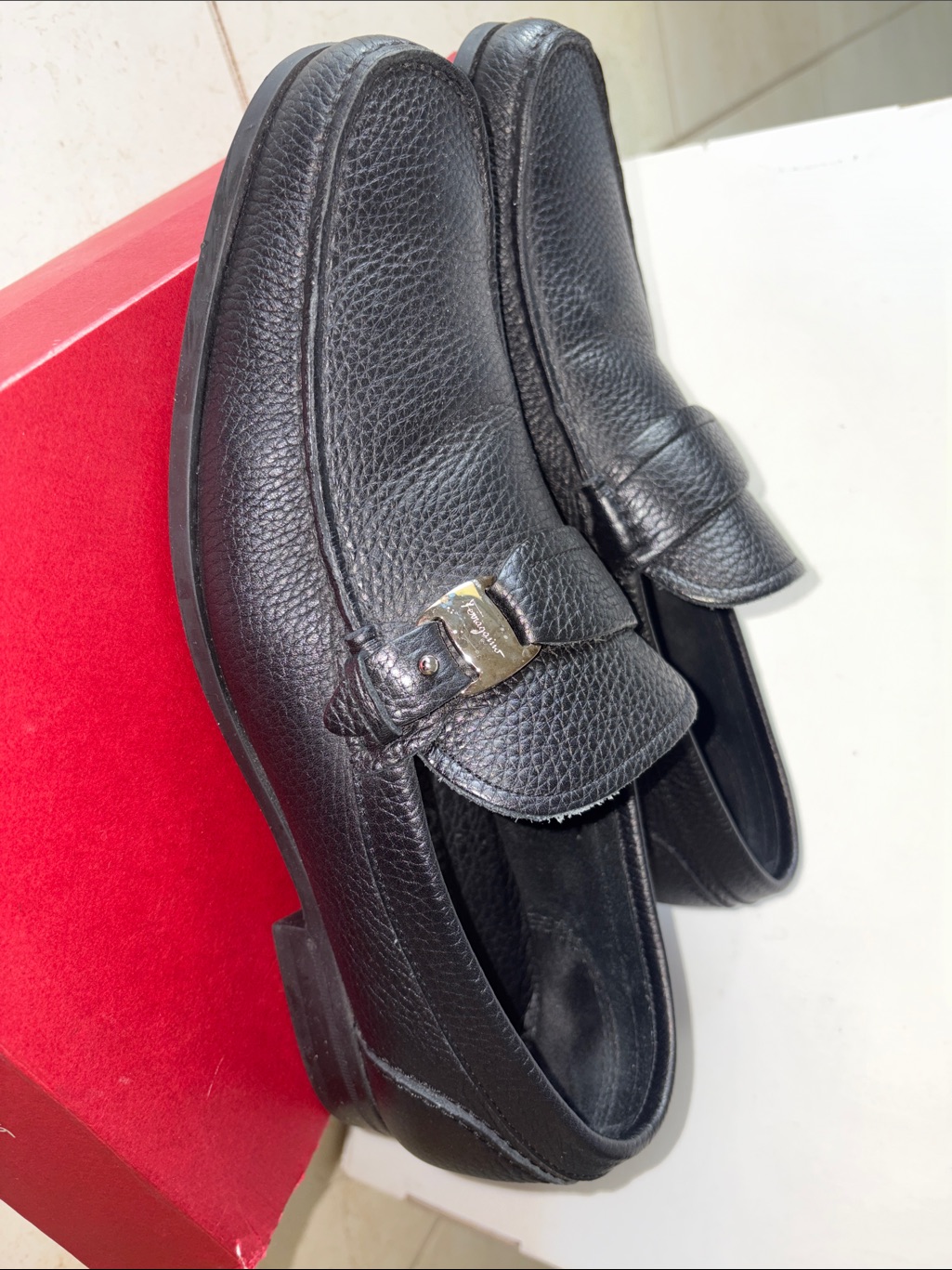 Salvatore Ferragamo Black Pebbled Leather Penny Loafers With Silver Bit